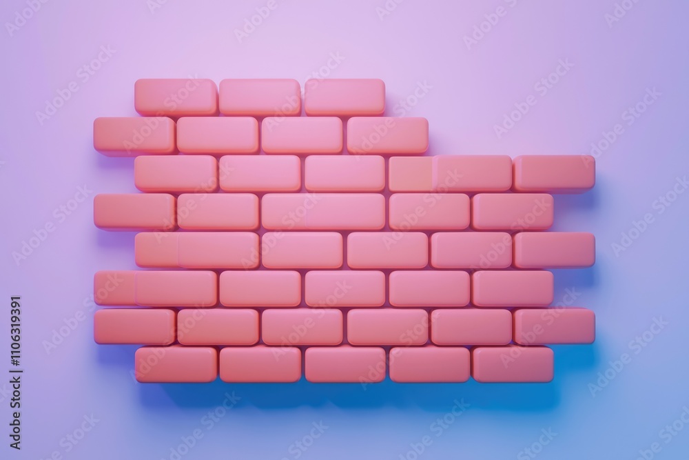 Poster abstract 3d render of pink bricks forming an incomplete wall against a light purple background