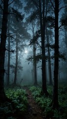 Fototapeta premium Magical forest with fog and moonlight.