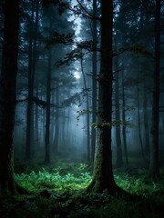 Fototapeta premium Magical forest with ethereal mist and moonlight.