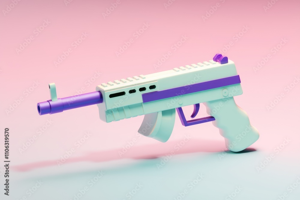 Poster a pastel colored 3d model of a submachine gun stylized and playful