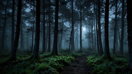 Obraz premium Magical moonlit foggy twilight forest.