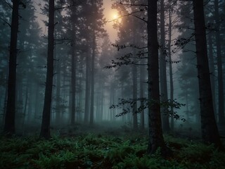 Fototapeta premium Magical moonlit twilight in the foggy forest.