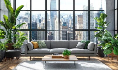 Modern living room with large windows, plants, and comfortable furniture overlooking a city skyline. Concept of urban living and green interior design