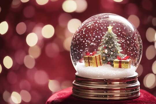 A magical snow globe with a snowy Christmas tree, golden presents, sparkling stars inside, glowing gently under soft candlelight, placed on a classic red velvet base 3