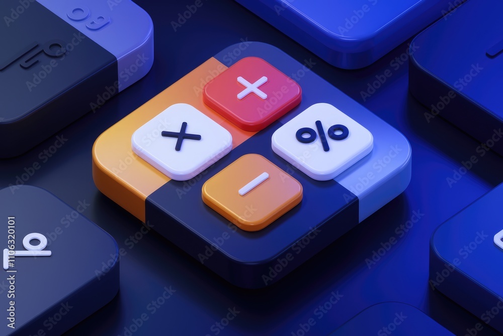 Poster A 3D render of a calculator interface with colorful buttons showing basic arithmetic operations