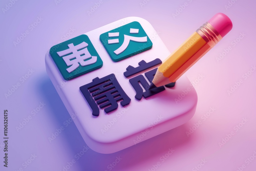 Poster a 3d rendering of a pencil writing chinese characters on a white square