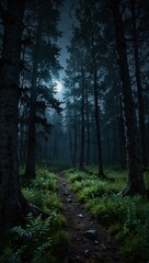 Obraz premium Magical twilight forest under moonlight.