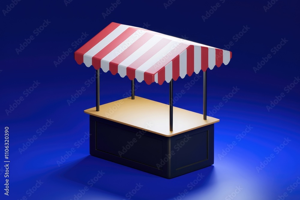 Poster a 3d render of a small market stall with a red and white striped awning