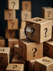 Magnifying glass on a stack of question-mark wooden blocks.