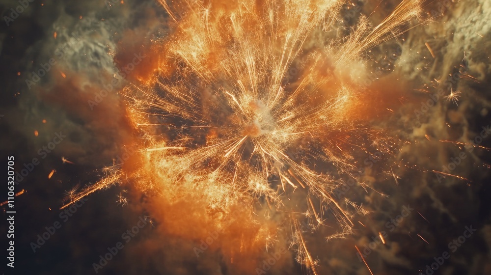 Poster a firework exploding in the air, surrounded by smoke