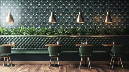 Elegant restaurant interior with green booths, wooden tables, and patterned wall.