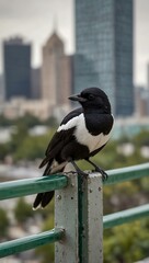 Magpie perched on a glass fence with a city backdrop.