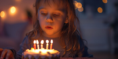 child girl blowing out candles on birthday cake Generative AI
