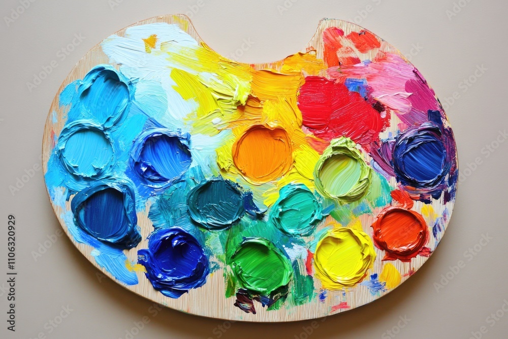 Poster a detailed view of a paint palette on a table, ready for artistic use