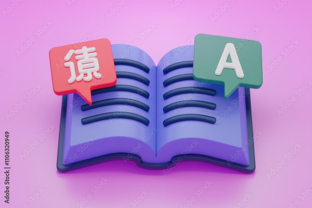 Aufkleber a 3d illustration of an open book with speech bubbles showing chinese and english translation