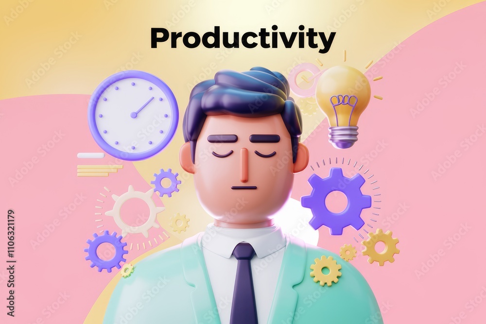 Poster efficient businessman with productivity symbols in 3d illustration