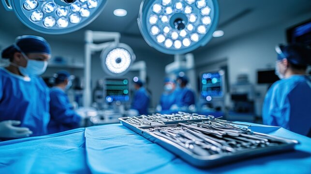Surgical instruments on a table in an operating room.