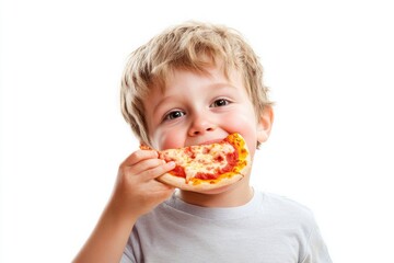 A young boy enjoying a slice of pizza