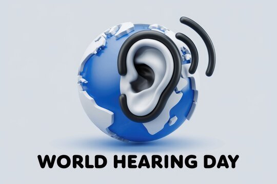 A 3D render of an ear on a globe for World Hearing Day.  Global hearing health awareness