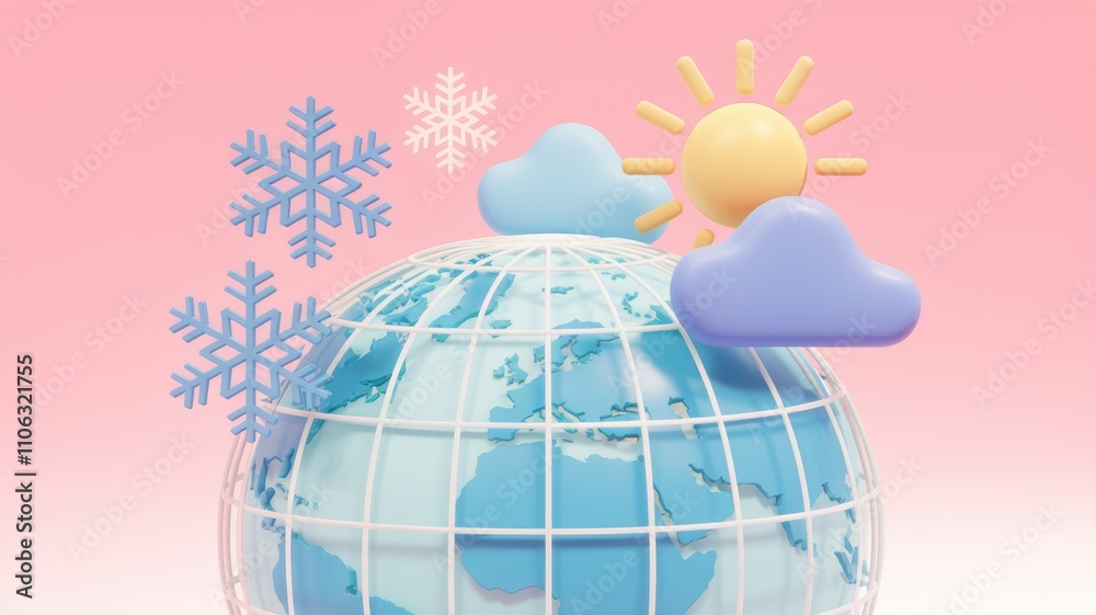 Poster A 3D render of a globe with weather icons; sun  clouds  and snowflakes