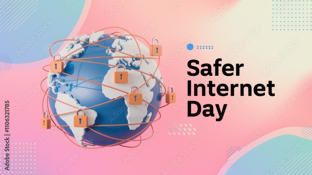 Poster Global internet security  Safer Internet Day  symbolized by a globe wrapped in secure connections