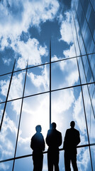 Silhouetted businesspeople stand against a glass building reflecting a cloudy sky, AI