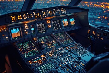 Pilots at work in a darkened cockpit, with instrument panels lit up