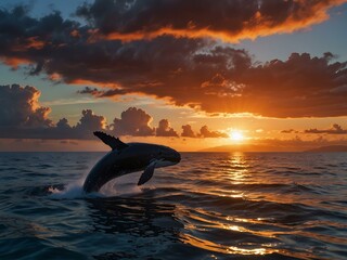 Fototapeta premium Majestic humpback whale breaching at sunset, silhouetted against vibrant clouds and water.