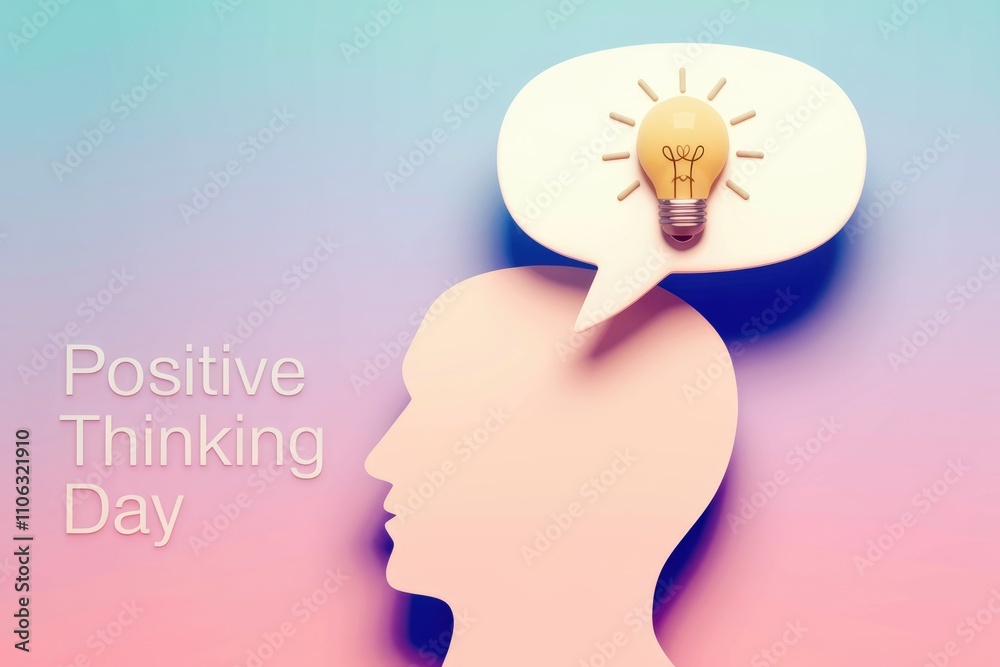 Poster positive thinking day concept illuminated idea in a thought bubble above a head