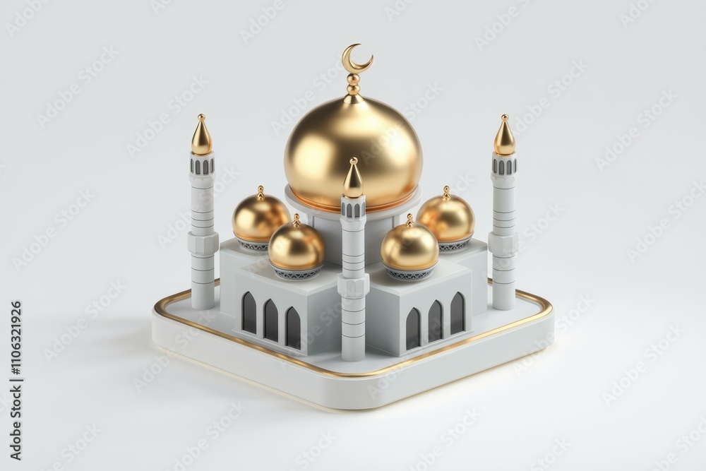 Poster a 3d rendering of a beautiful mosque with golden domes and minarets