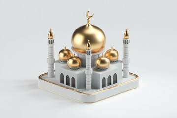 A 3D rendering of a beautiful mosque with golden domes and minarets