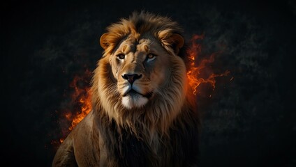 Naklejka premium Majestic lion engulfed in flames, with fiery mane, standing against a dark background.