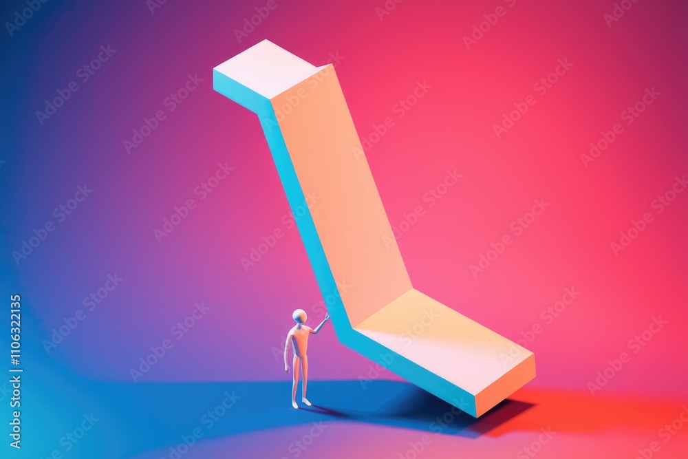Poster a small figure struggles to hold up a large leaning geometric shape against a vibrant background