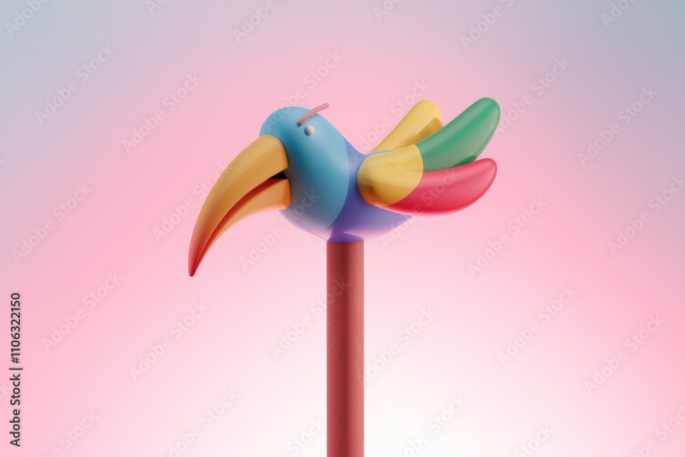 Poster a colorful cartoonish bird on a stick rendered in 3d against a soft pink background