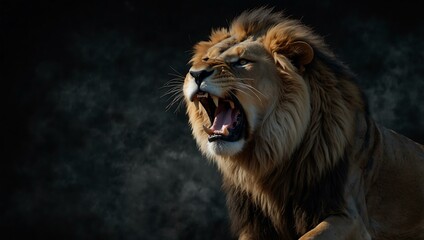 Fototapeta premium Majestic lion roaring against a dark background.