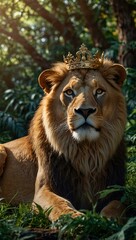 Fototapeta premium Majestic lion with a golden crown in a lush jungle.