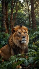 Fototapeta premium Majestic lion with a golden crown in a lush jungle.