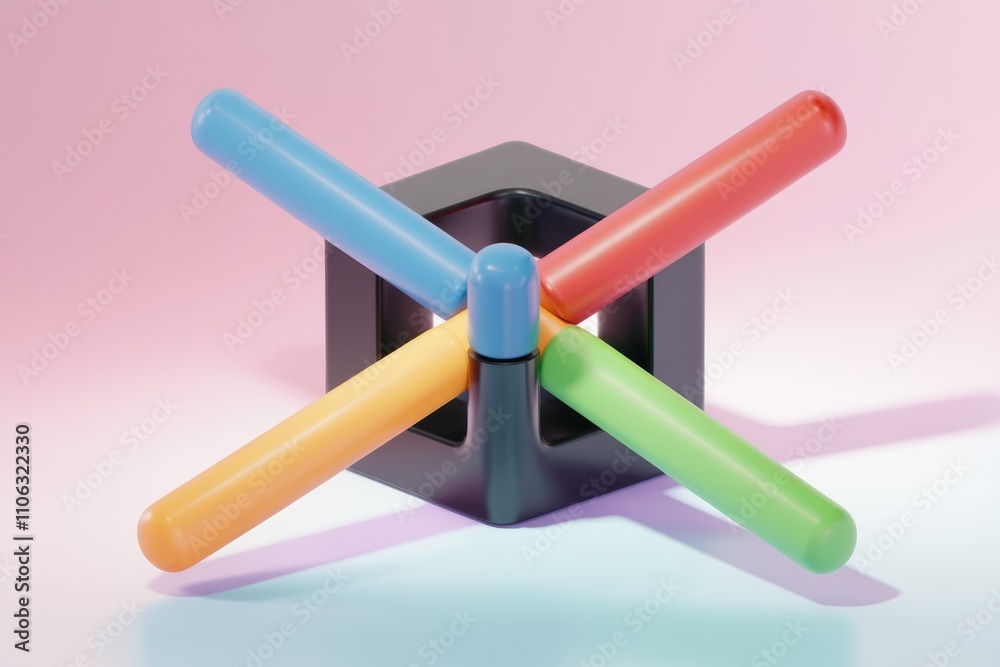 Aufkleber colorful cylinders intersecting a black cube a vibrant 3d render