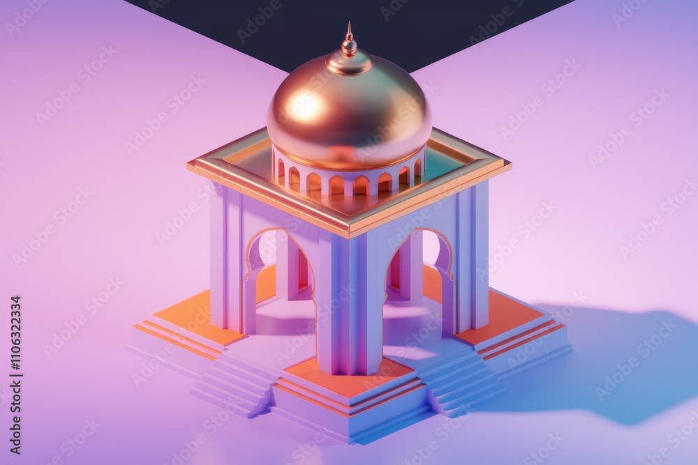 Poster a minimalist 3d rendering of a mosque with a gold dome and pastel colors