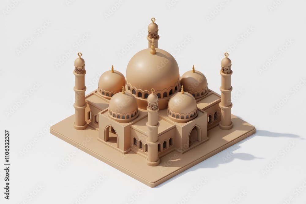 Poster isometric 3d model of a beige mosque with multiple domes and minarets