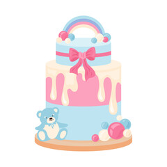 Delightful pink and blue cake with creamy layers, rainbow, bear and colorful bubbles on plate. Ideal for baby shower invitations, cards and party decor Festive vector design for celebrations, isolated