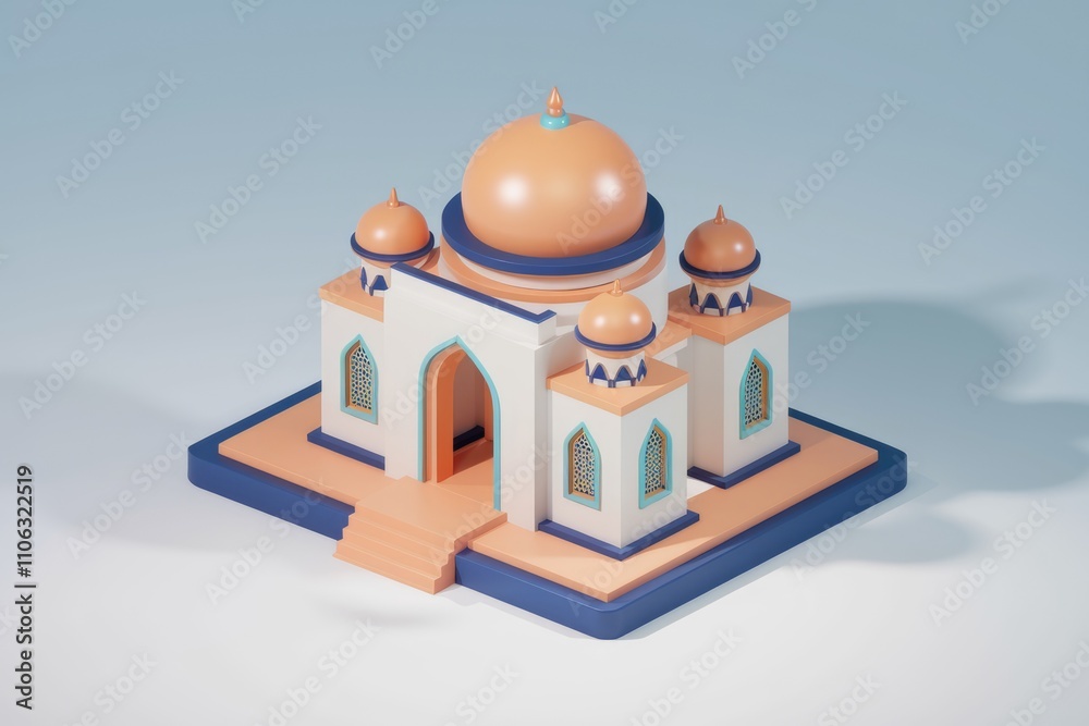 Poster a low poly 3d model of a mosque featuring pastel colors and intricate details