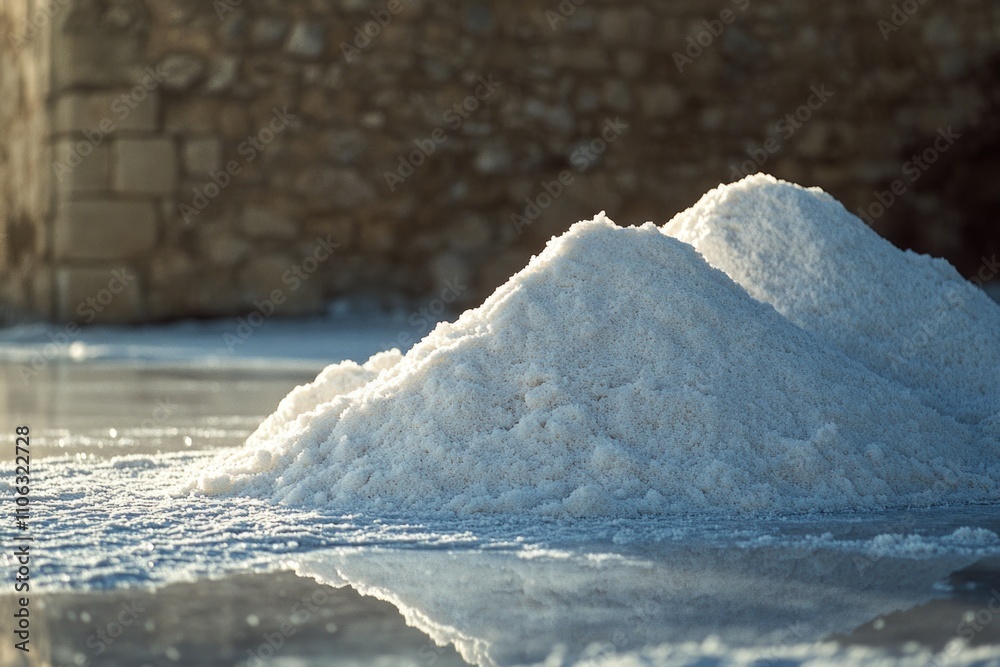 Poster a pile of fresh snow sits atop a small puddle of water, creating a unique winter scene
