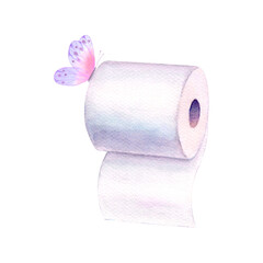 Watercolor toilet paper roll and butterfly isolated on white background