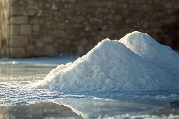 A pile of fresh snow sits atop a small puddle of water, creating a unique winter scene