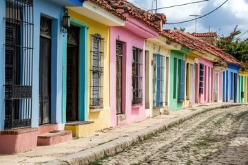 A row of brightly colored houses on a cobblestone street, great for architecture, travel or urban planning photos