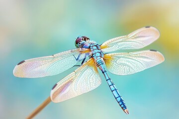 Close-up shot of a dragonfly perched on a twig, showcasing its delicate features