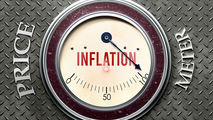 Inflation and Price that is hitting a full scale, showing a very high level of inflation, overload of it, too much of it. Maximum value, off the charts.  ,3d illustration