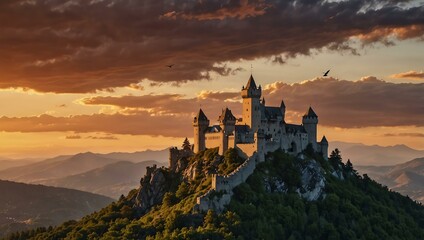 Obraz premium Majestic mountaintop castle with a soaring bird at sunset.