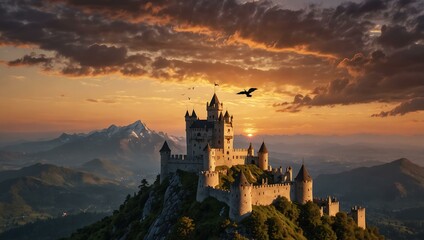 Obraz premium Majestic mountaintop castle with a soaring bird at sunset.